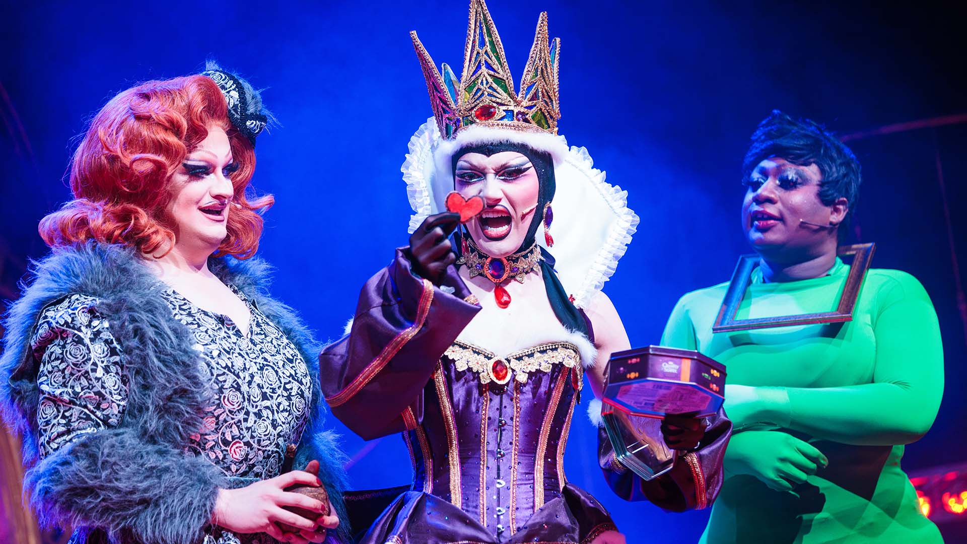 Kate Butch as the HuntsThem, Kyran Thrax as the Wicked Queen in SNOW WHITE - Flicker Review. Photo © Harry Elletson