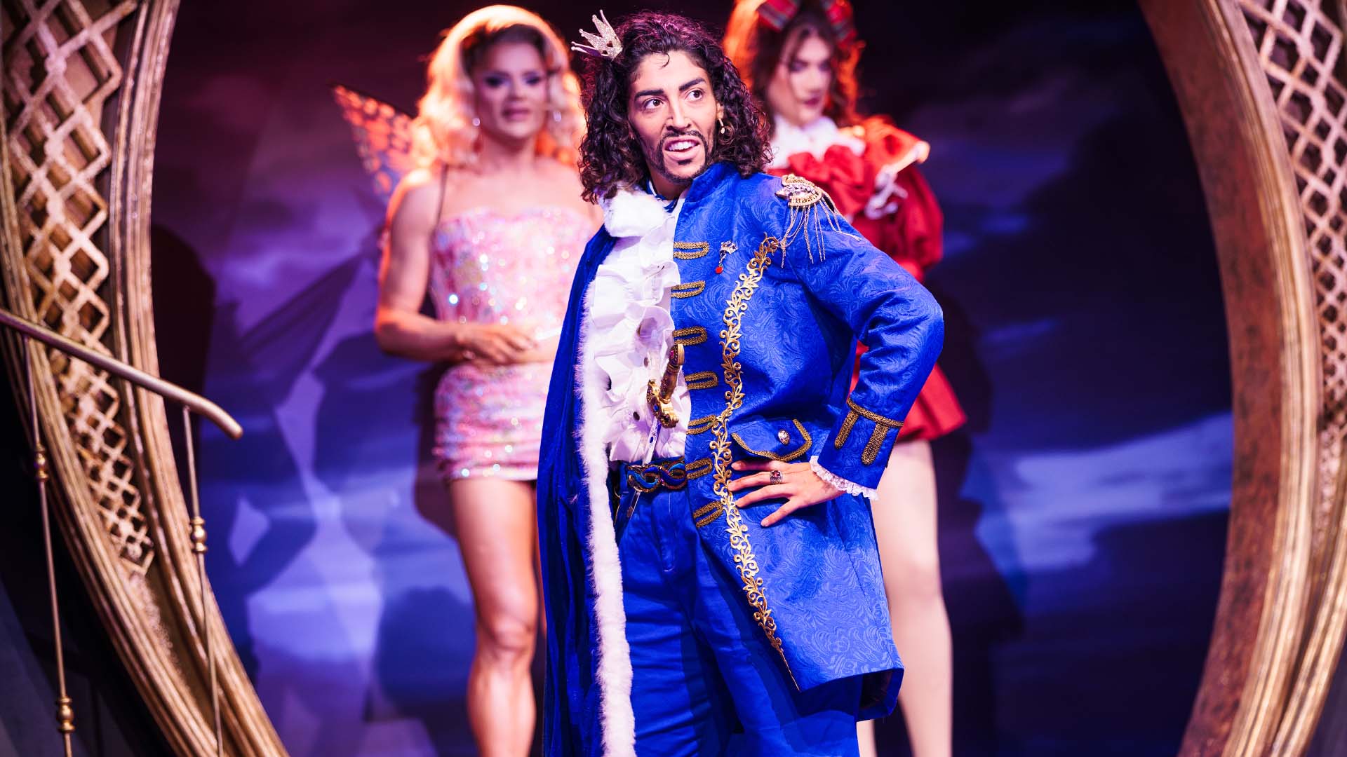 Oliver Clothezoff as Drag King Prince (centre) in SNOW WHITE - Flicker Review. Photo © Harry Elletson