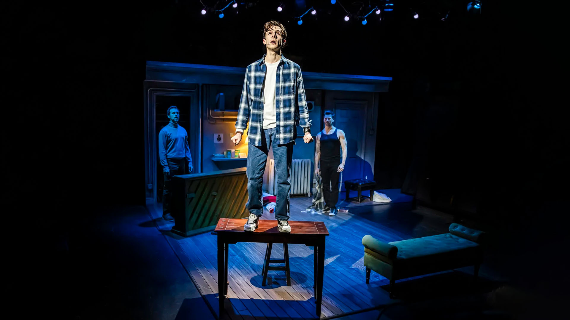 Already Perfect at King’s Head Theatre featuring Levi Kreis, Yiftach Iffy Mizrahi, and Killian Thomas Lefevre on stage. Photo by Pamela Raith