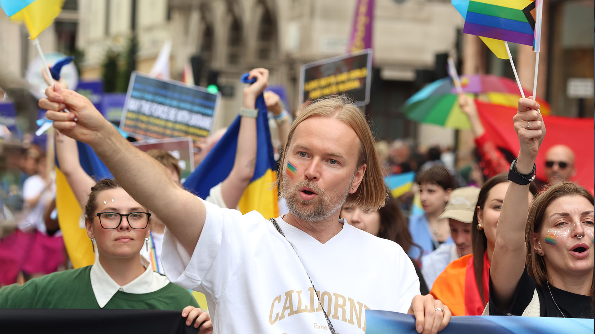 Konstantin Lieontiev marching with the Ukrainian group at London Pride