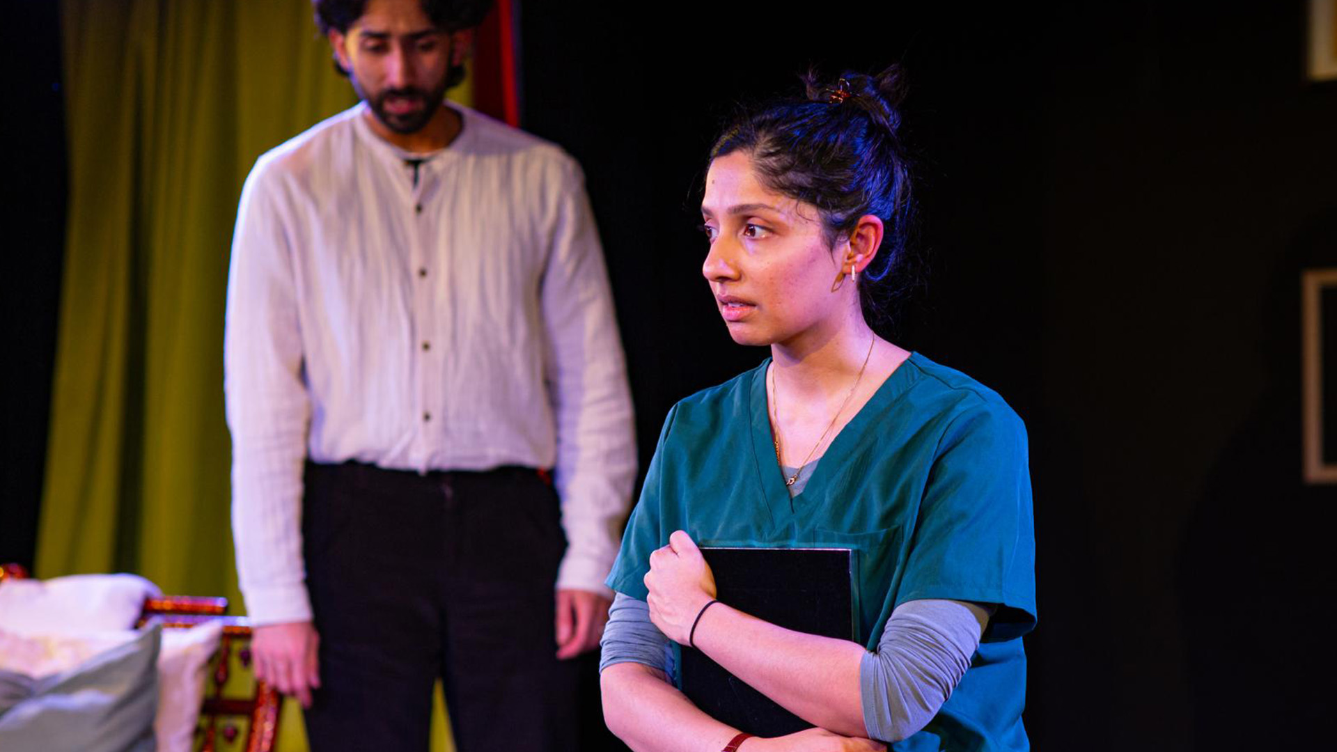 Vaishnavi Suryaprakash as Amba and Akaash Dev Shemar as Prav in The Undying at Soho Theatre. Photo by Tobi Ejrele.