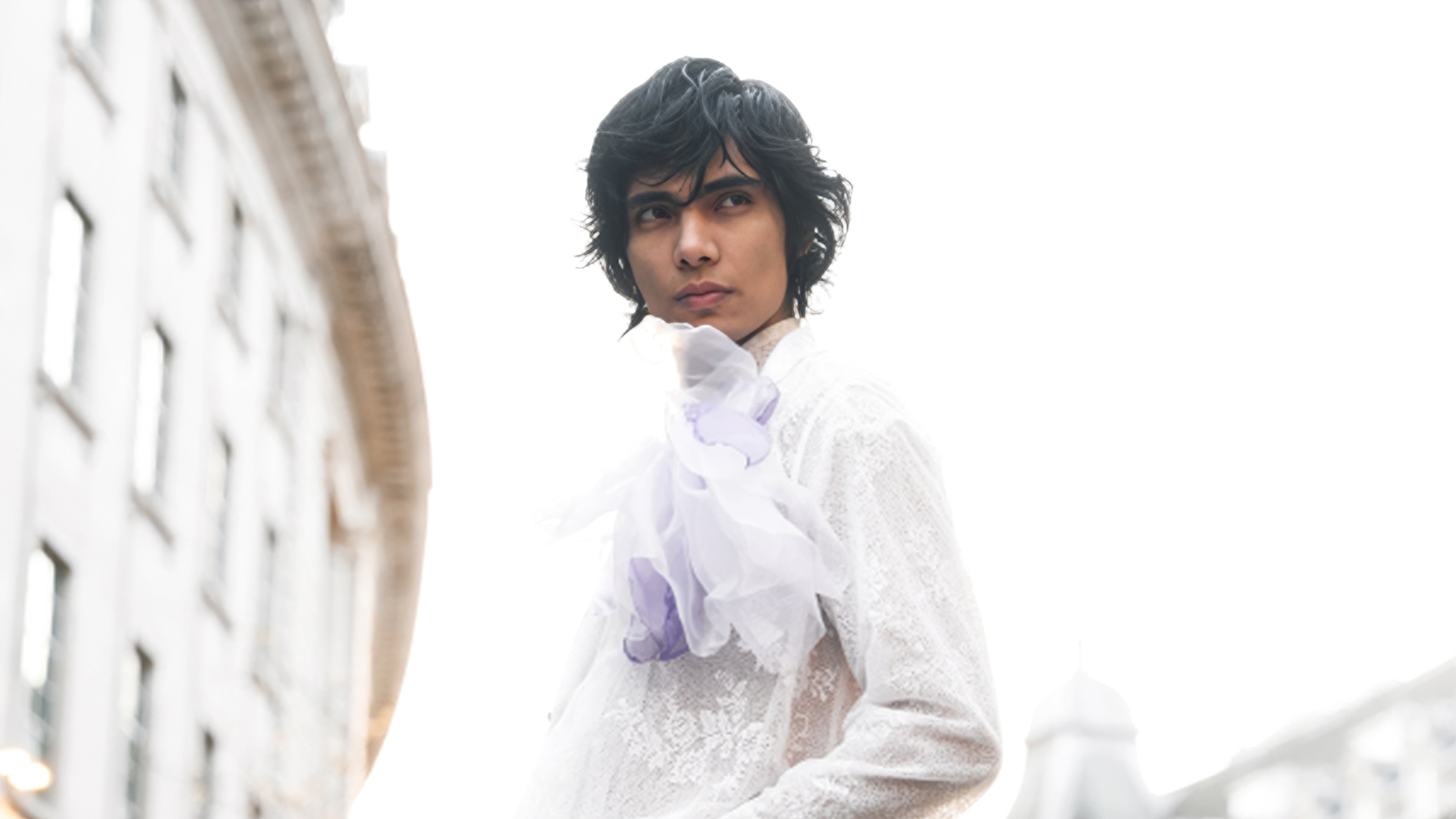 Campaign image for London Fashion Day Season 7. Model Amirsam Mohammadzadeh wearing a look by YADVIGA NETYKSHA, photographed by Mariana Zabramna at sunrise in central London.