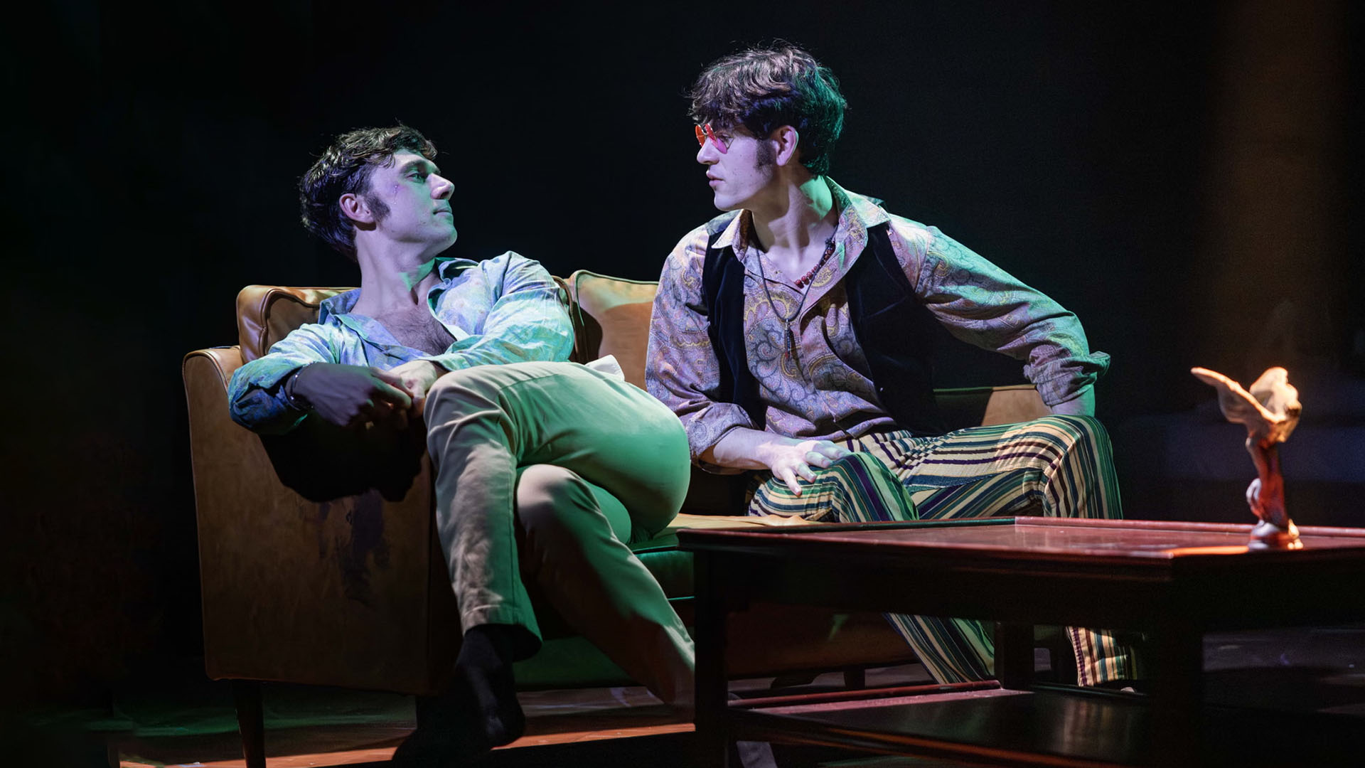 Calam Lynch as Brian Epstein and Noah Ritter as John Lennon in Please Please Me at the Kiln Theatre London. Photo by Mark Senior.