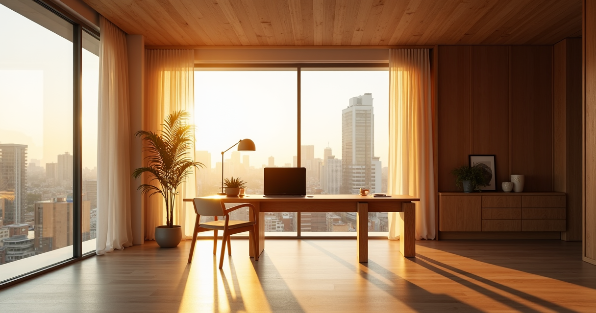 Bureau baigné de lumière, ordinateur portable ouvert sur une table en bois devant une grande baie vitrée