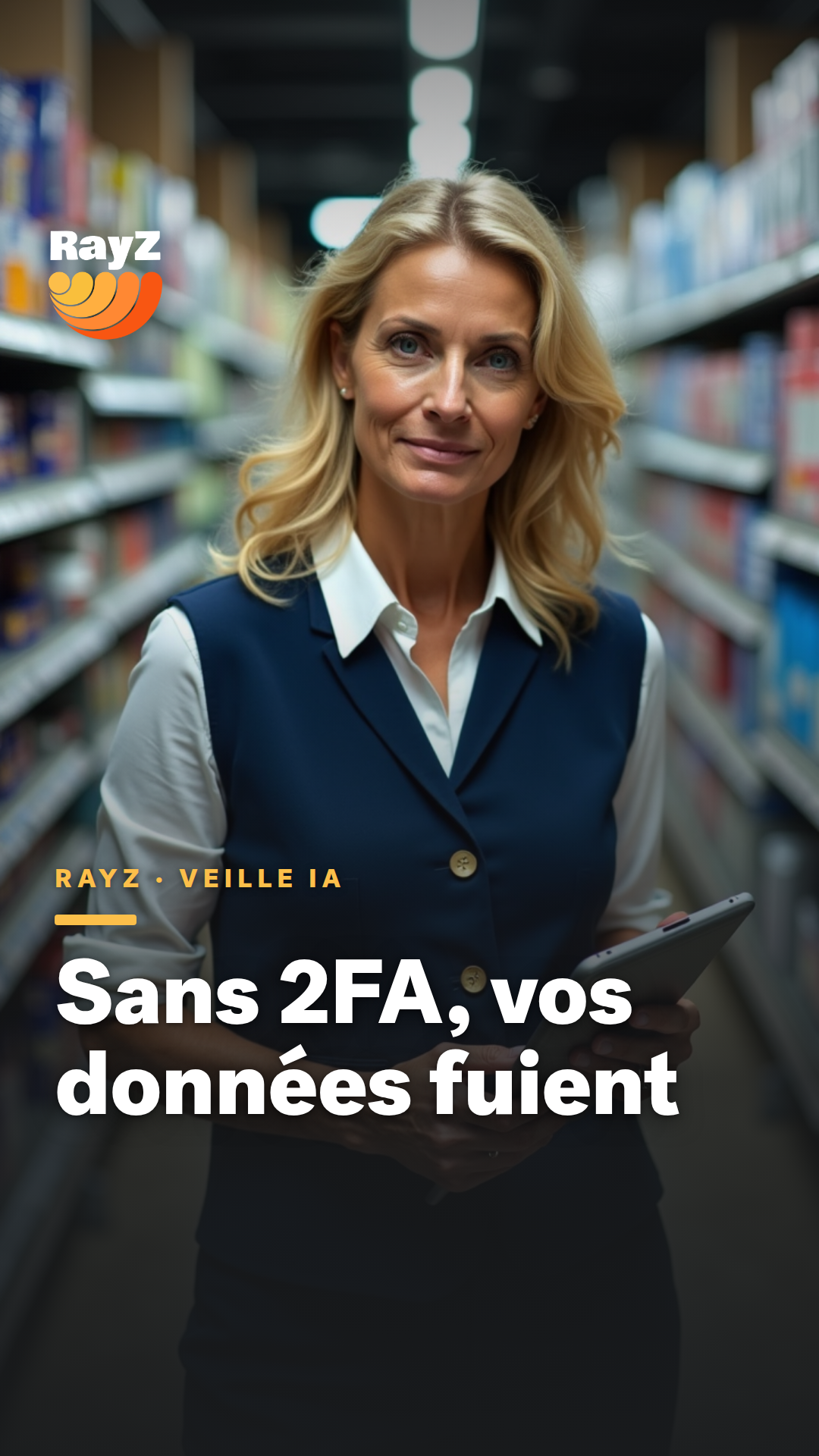Responsable de magasin consultant une tablette de gestion dans un rayon, illustration de la vidéo RayZ Veille IA sur la sécurité des données