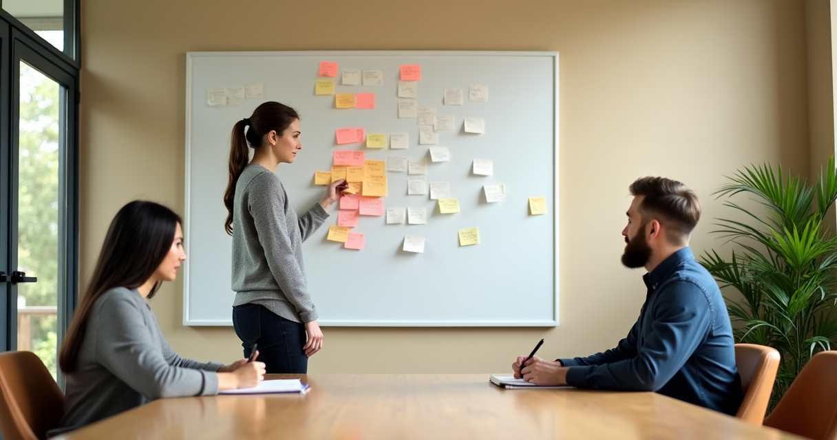 Deux personnes en atelier de conception devant un tableau blanc couvert de post-it, dans une salle de reunion claire
