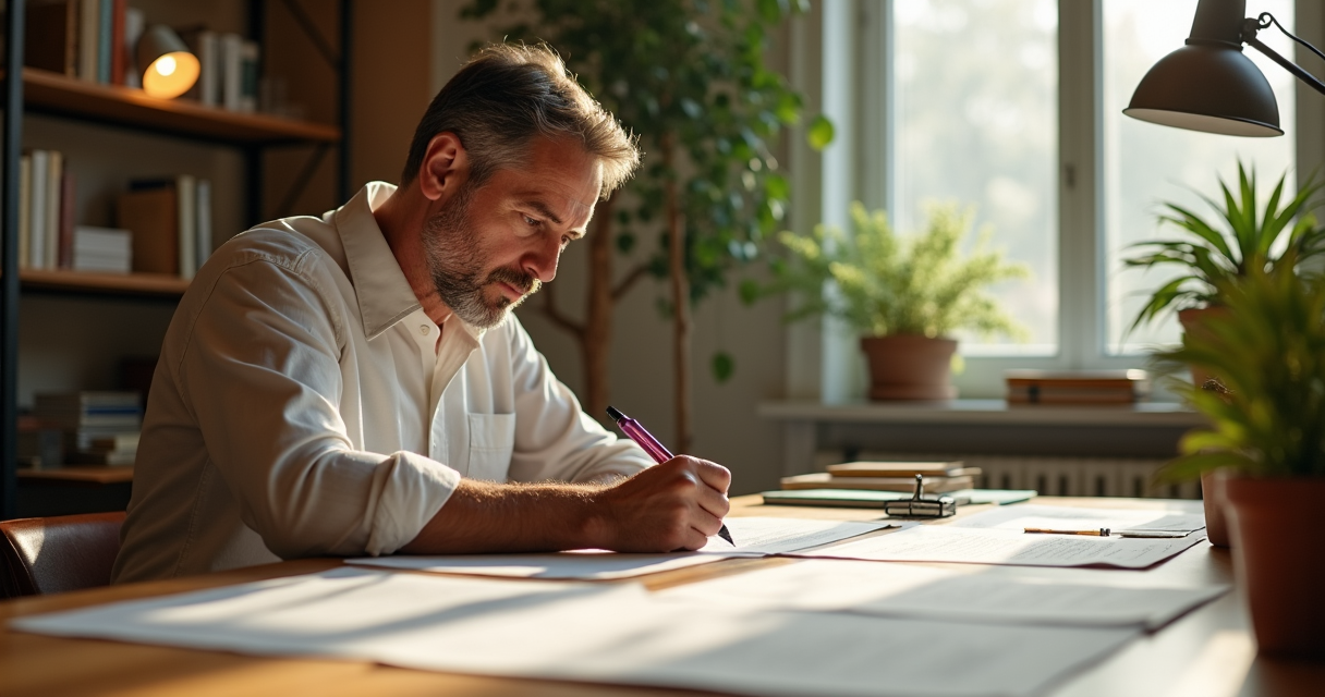 Un dirigeant annotant au stylo des pages imprimees etalees sur une table en bois, dans un bureau lumineux