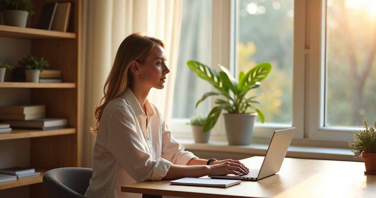 Une dirigeante seule a son bureau, devant un ordinateur portable, dans la lumiere du matin venant d'une grande fenetre