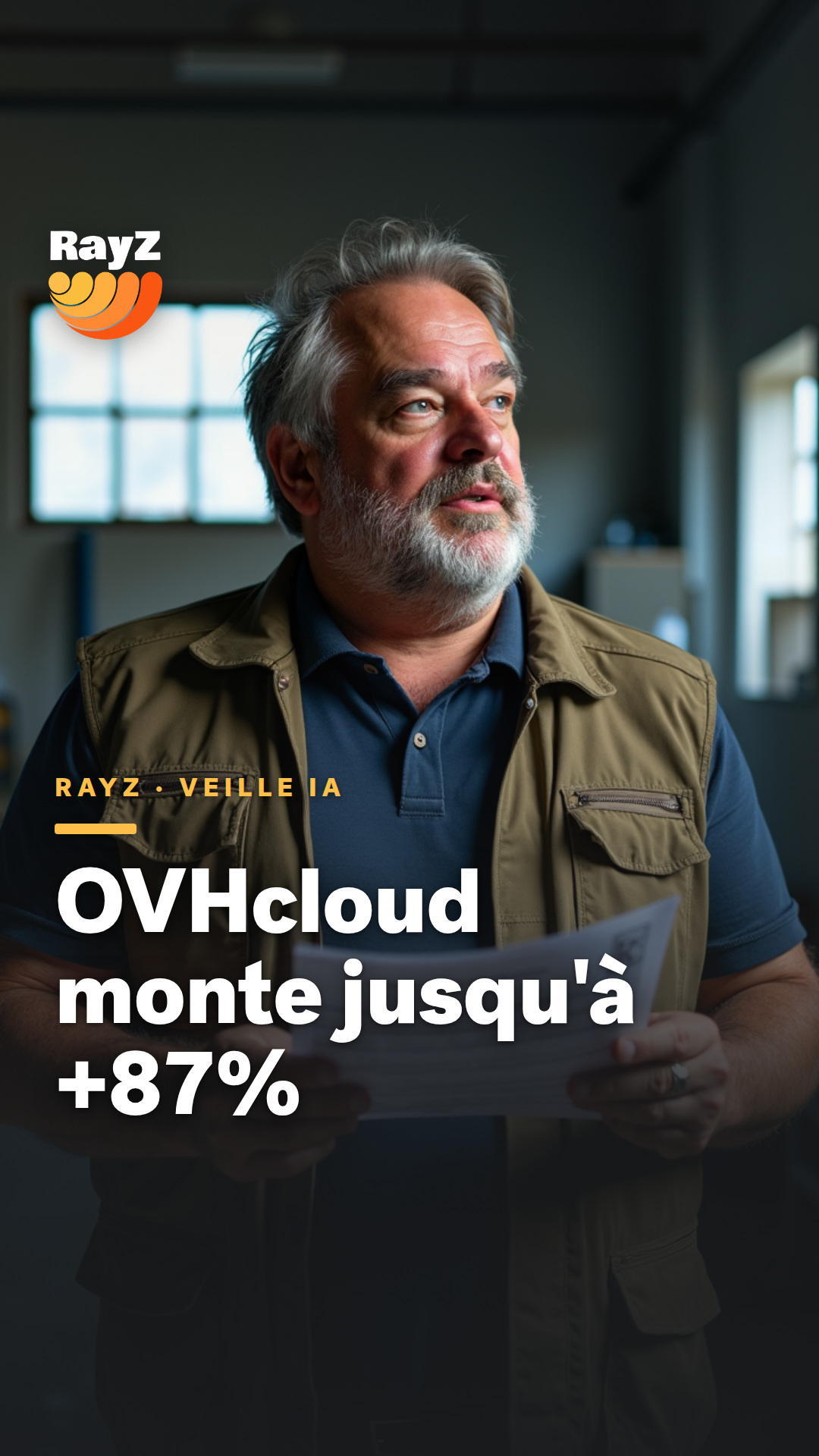 Vignette de la vidéo RayZ Veille IA intitulée OVHcloud monte jusqu'à +87%