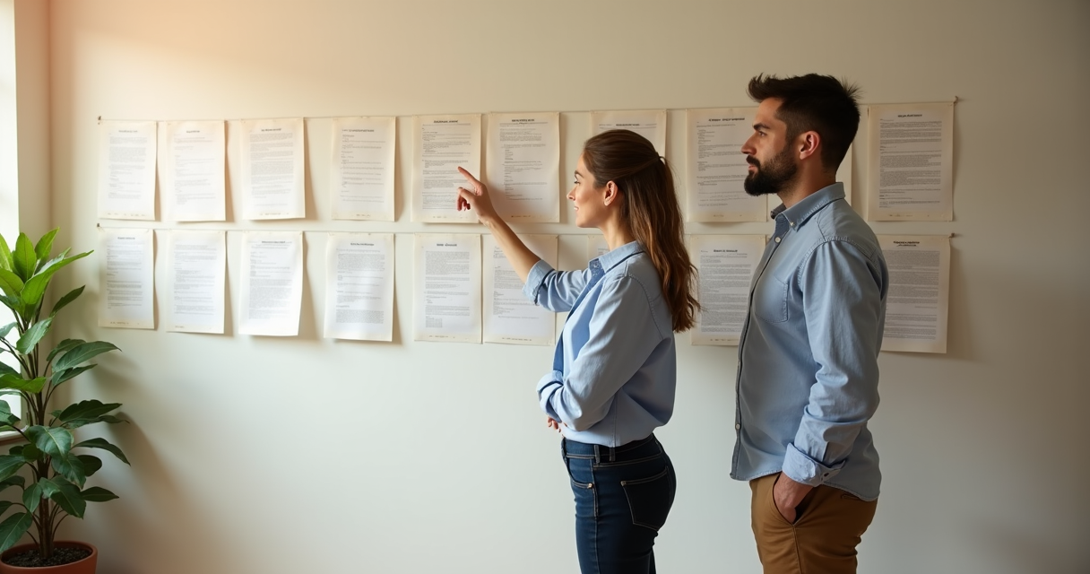 Une femme et un homme en chemise, debout de profil devant un mur clair couvert de feuilles imprimées alignées en grille, la femme désignant l'une d'elles du doigt