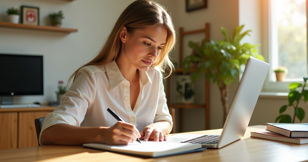 Une femme écrit à la main dans un carnet à son bureau, un ordinateur portable ouvert à côté d'elle, dans une pièce lumineuse