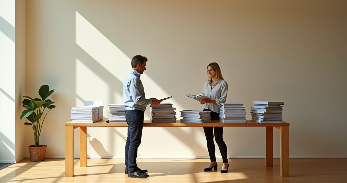 Deux collègues debout devant une longue table en bois clair couverte de piles de dossiers rangés avec soin, l'une tendant une feuille à l'autre, dans un open space lumineux