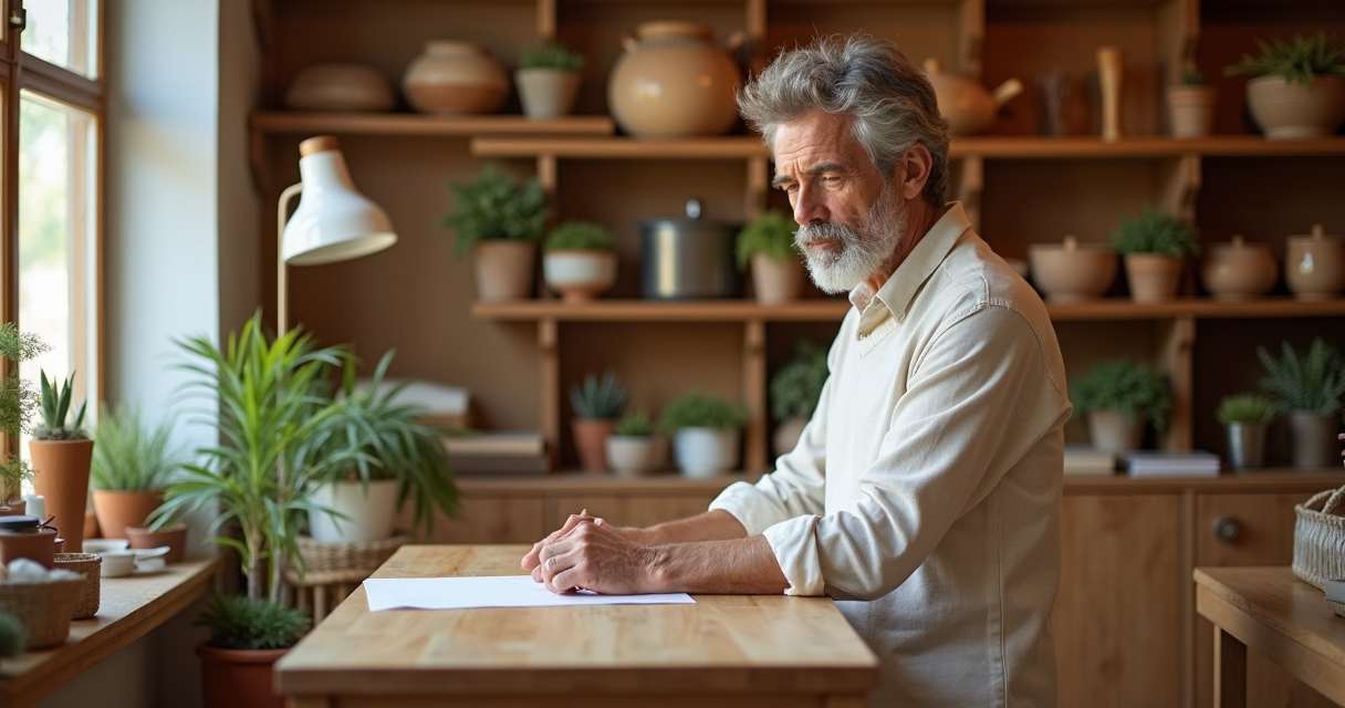 Un dirigeant debout dans son atelier-boutique aux étagères de bois garnies de poteries, penché sur une feuille blanche posée sur sa table de travail