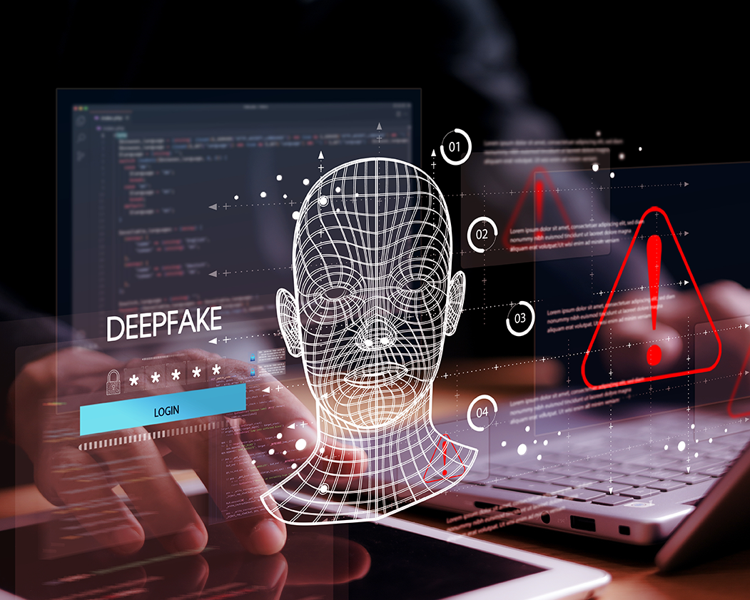 Digital wireframe of a human face labeled 'DEEPFAKE' with login interface and red warning symbols overlayed on a person typing on a laptop keyboard.