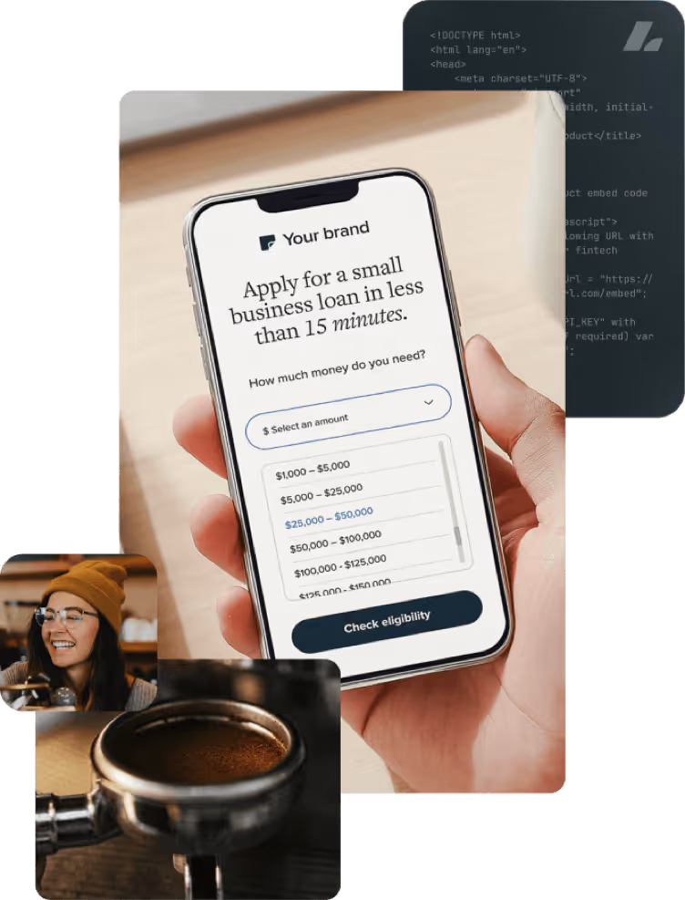 Smartphone shows a small business loan application form with loan amounts, a smiling coffee shop owner, and HTML code, illustrating Lendio's embedded marketplace.