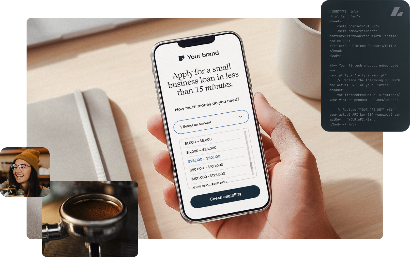 A hand holds a smartphone displaying a small business loan application form. Embedded code, a smiling woman, and coffee are in the background.