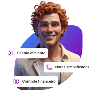 Smiling red-haired man with curly hair against a blue and purple abstract background with Portuguese text labels for efficient management, simplified notes, and financial control.