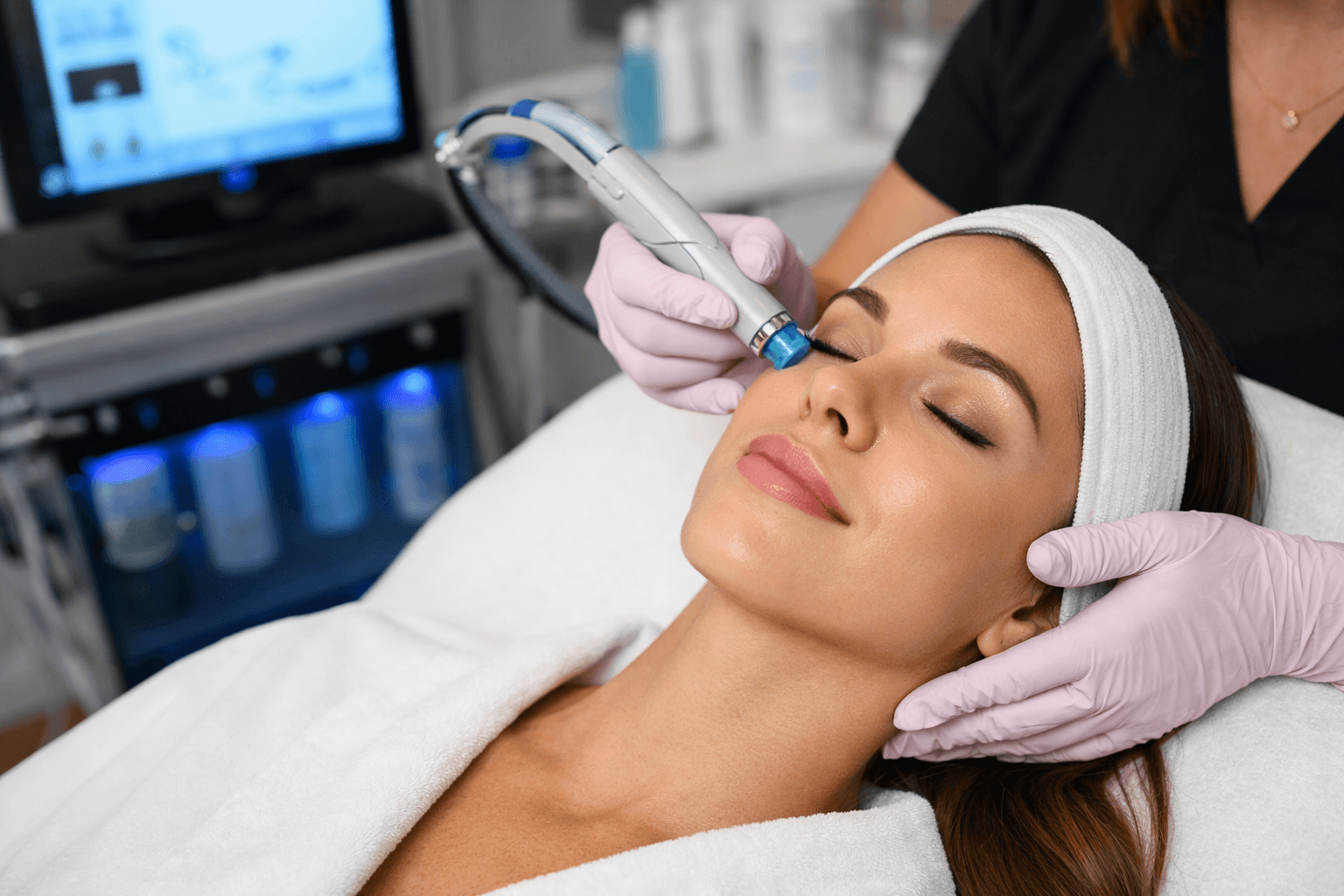 Client receiving HydraFacial treatment at Opulent MedSpa in Tampa, Florida for glowing, hydrated skin
