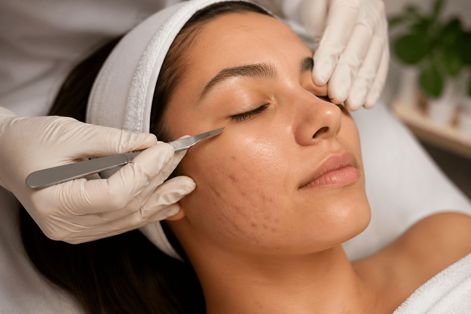 Licensed esthetician performing dermaplaning facial treatment for acne scars in Tampa, Florida medical spa.