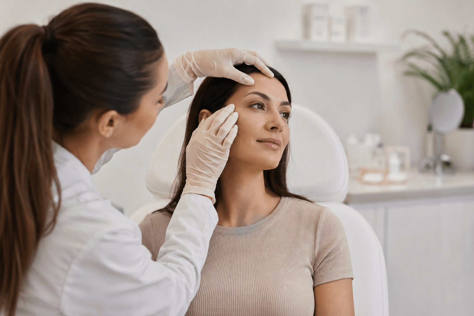 Injector assessing forehead to determine how many units of Botox are needed in Tampa, Florida