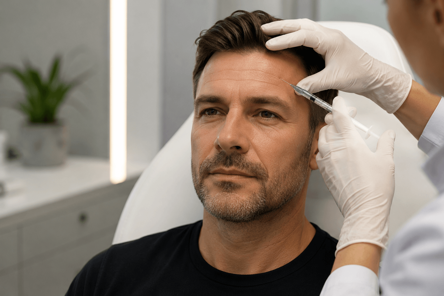 Male patient receiving Botox treatment for forehead wrinkles in Tampa, Florida medical spa
