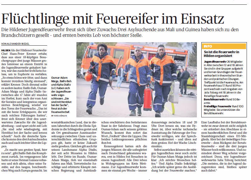 Artikel über Engagement an der Jugendfeuerwehr Hilden 748