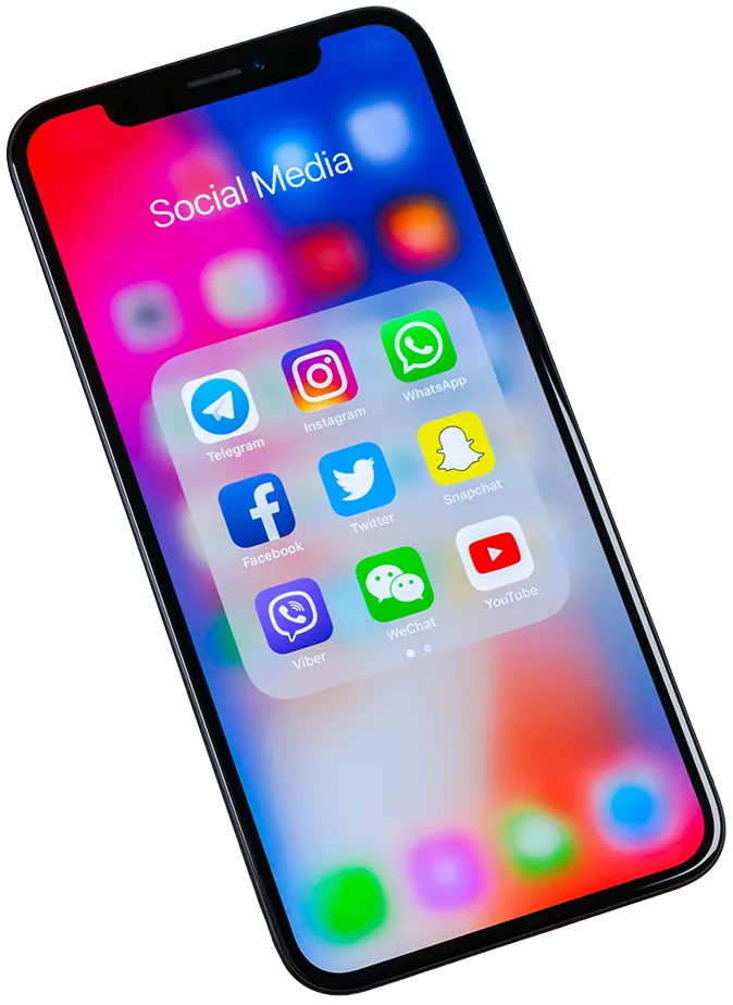 Smartphone screen displaying a 'Social Media' folder with popular app icons including Instagram, Facebook, WhatsApp, Twitter, Snapchat, YouTube, Telegram, Viber, and WeChat.