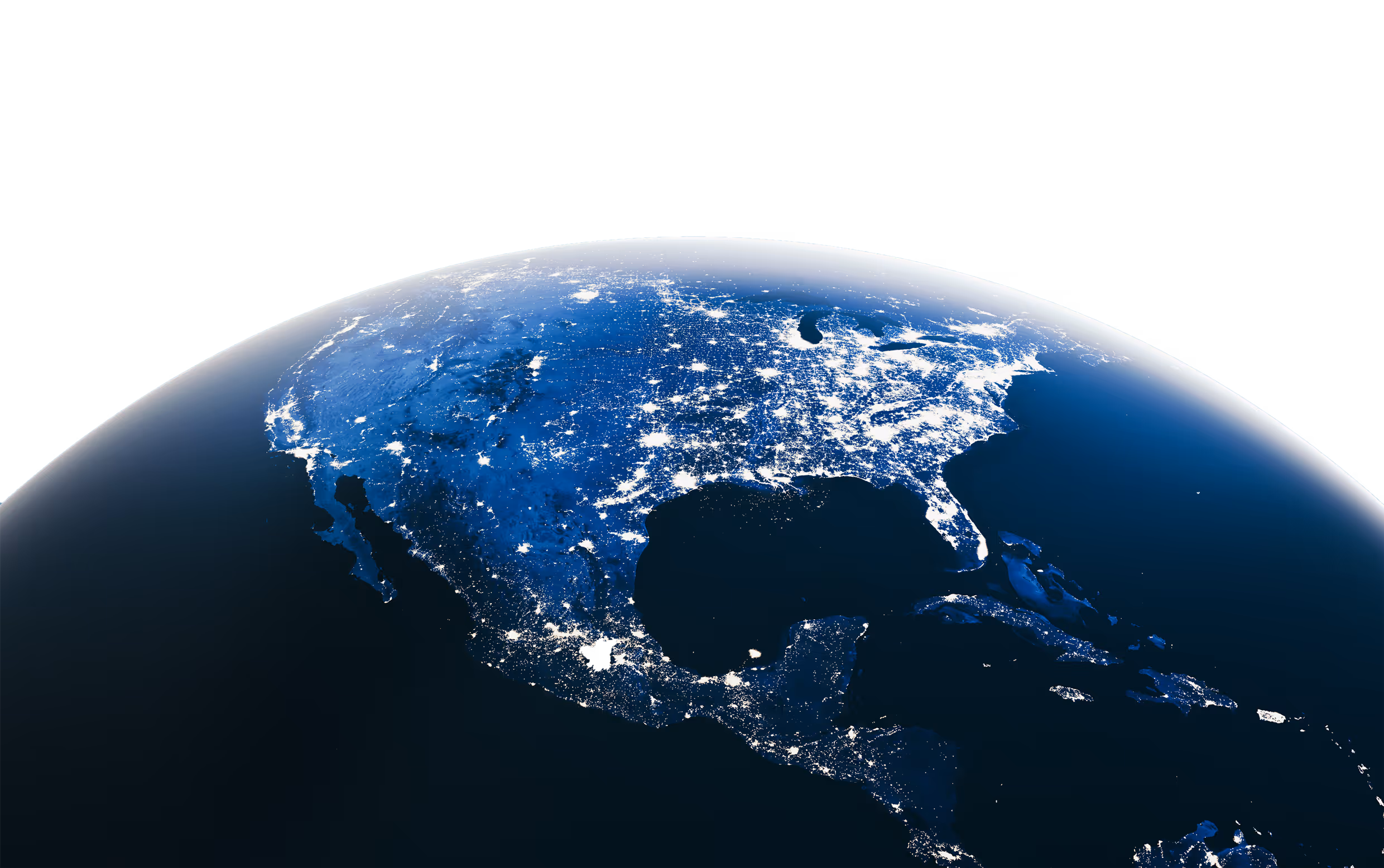 A view of Earth from space showing North America at night, illuminated by clusters of city lights against a dark blue globe with a bright white horizon.
