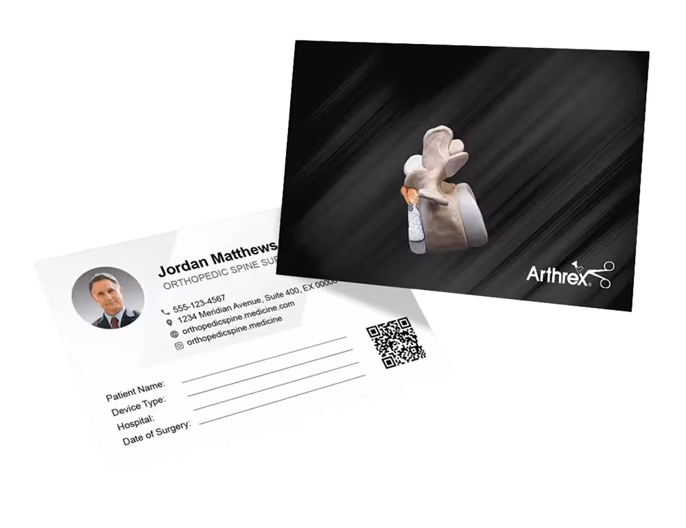 Two medical cards are shown. One is a professional information card for an orthopedic spine surgeon, including contact details and fields for patient information. The other card features a medical illustration of a spinal vertebra with a highlighted structure on a dark textured background, along with the Arthrex logo.