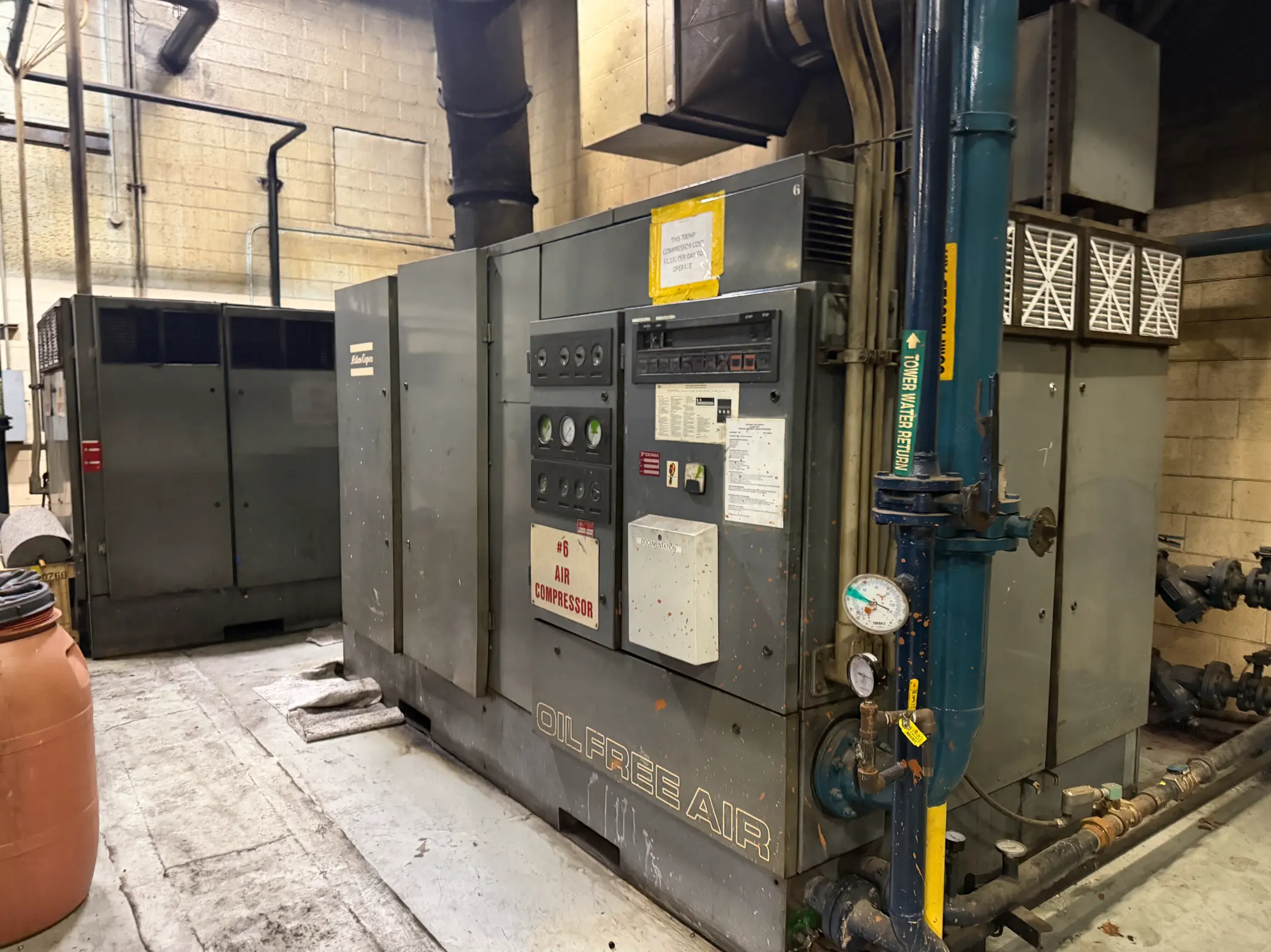 Kaeser air compressor in compressor room – former tire manufacturing plant, Salem VA