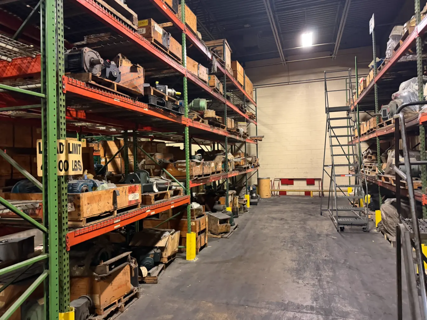 Rows of pallet racking with MRO inventory – former tire manufacturing plant, Salem VA