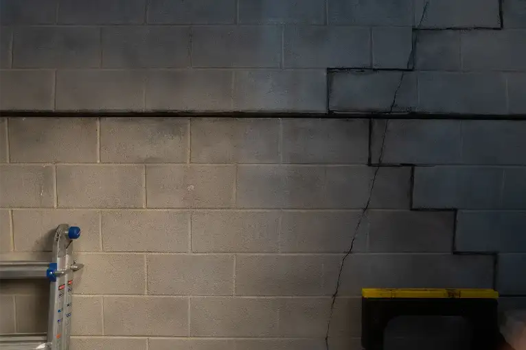 Cracked Block Wall in Wet Commercial Basement