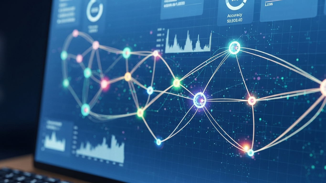 Visualization of a digital network on a laptop screen showing data points, analytics charts, and ROI metrics.