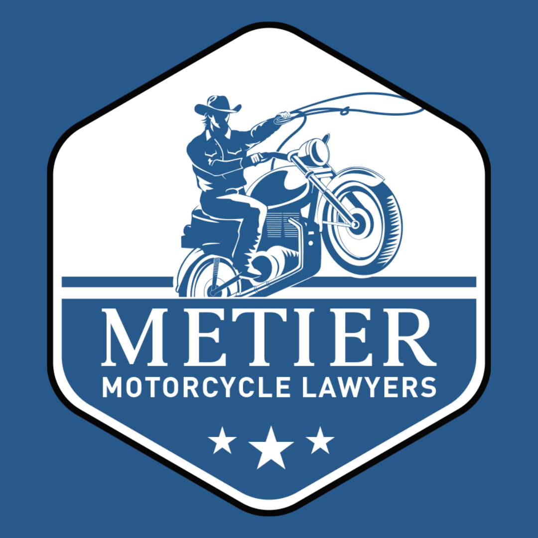 Metier Motorcycle Lawyers Badge of a cowboy on a motorcycle holding a lasso