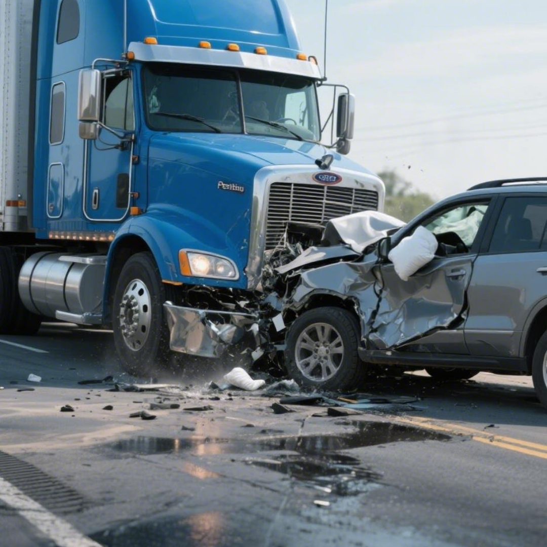 A blue semi truck that has been in a crash with a silver SUV