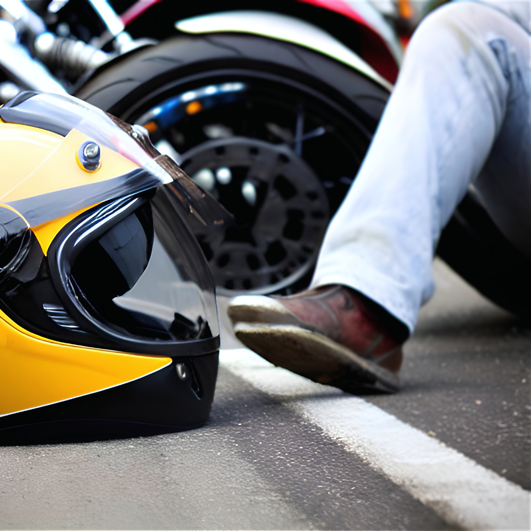 A yellow motorcycle helmet, motorcycle and rider on the ground