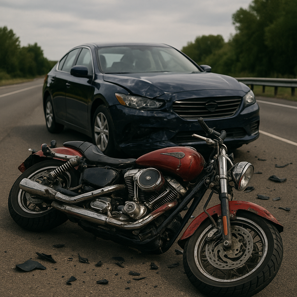 A navy blue car that has hit a motorcycle on a highway