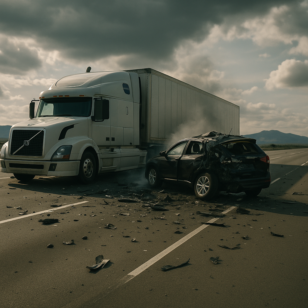 A SUV that has been in a crash with the side of a semi-truck