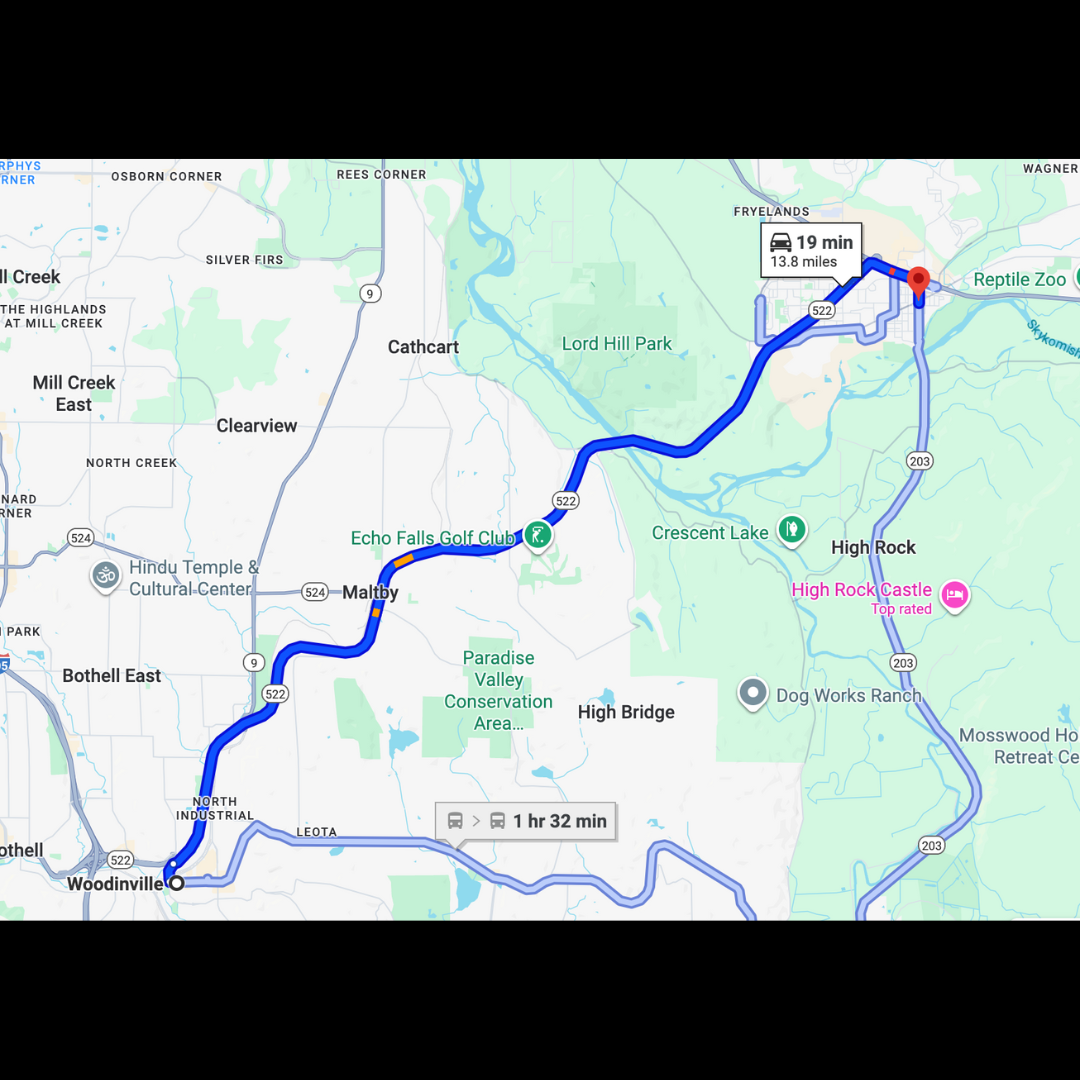 A map showing State Route 522 in Washington from Monroe to Woodinville