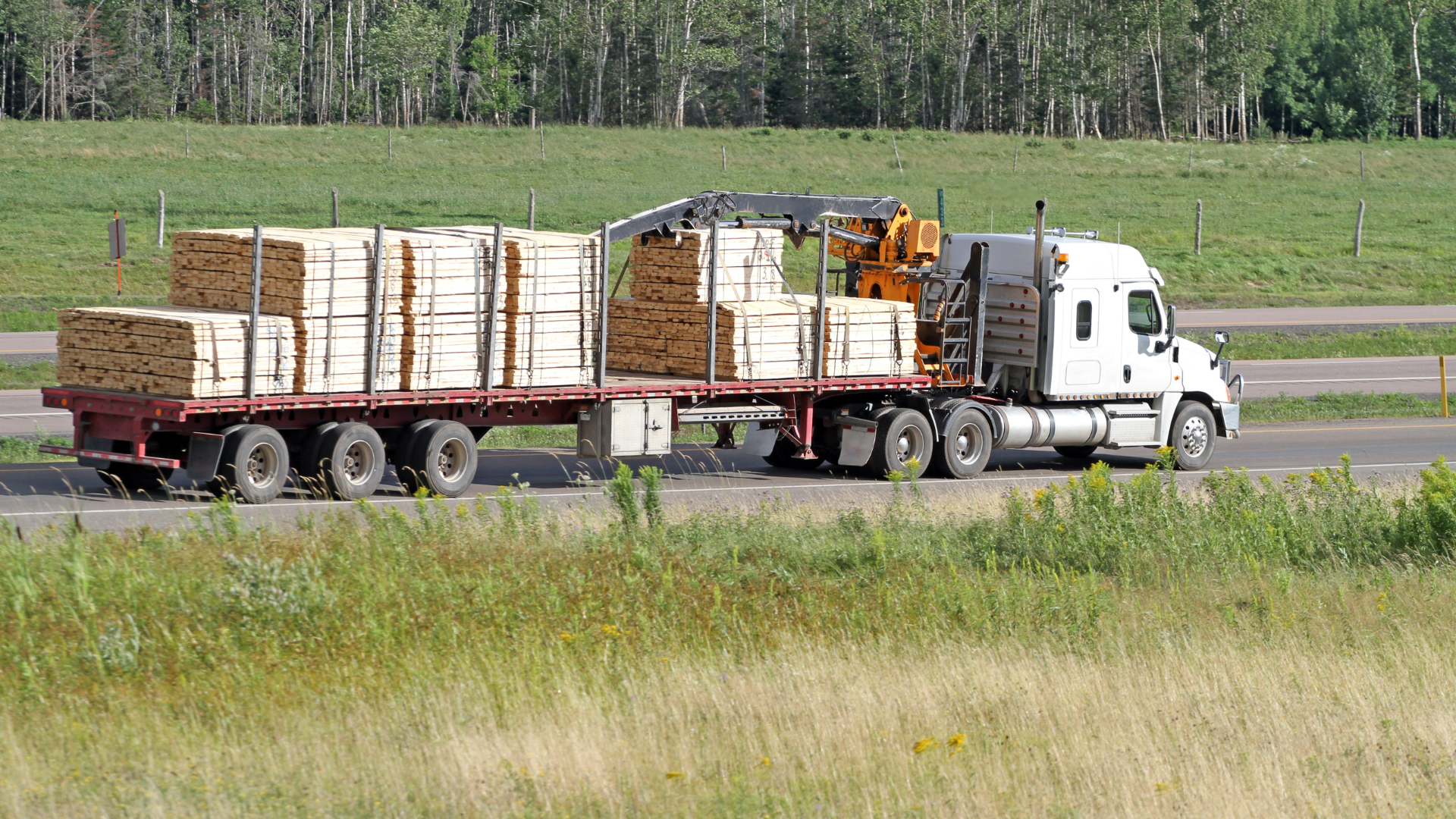 A semi truck hauling stacks of plywood on a highway with grassy medians