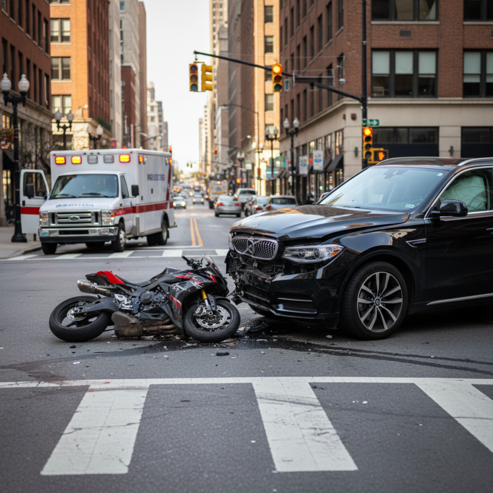 A Motorcycle laying in the middle of an urban intersection after being hit by a car with an ambulance nearby