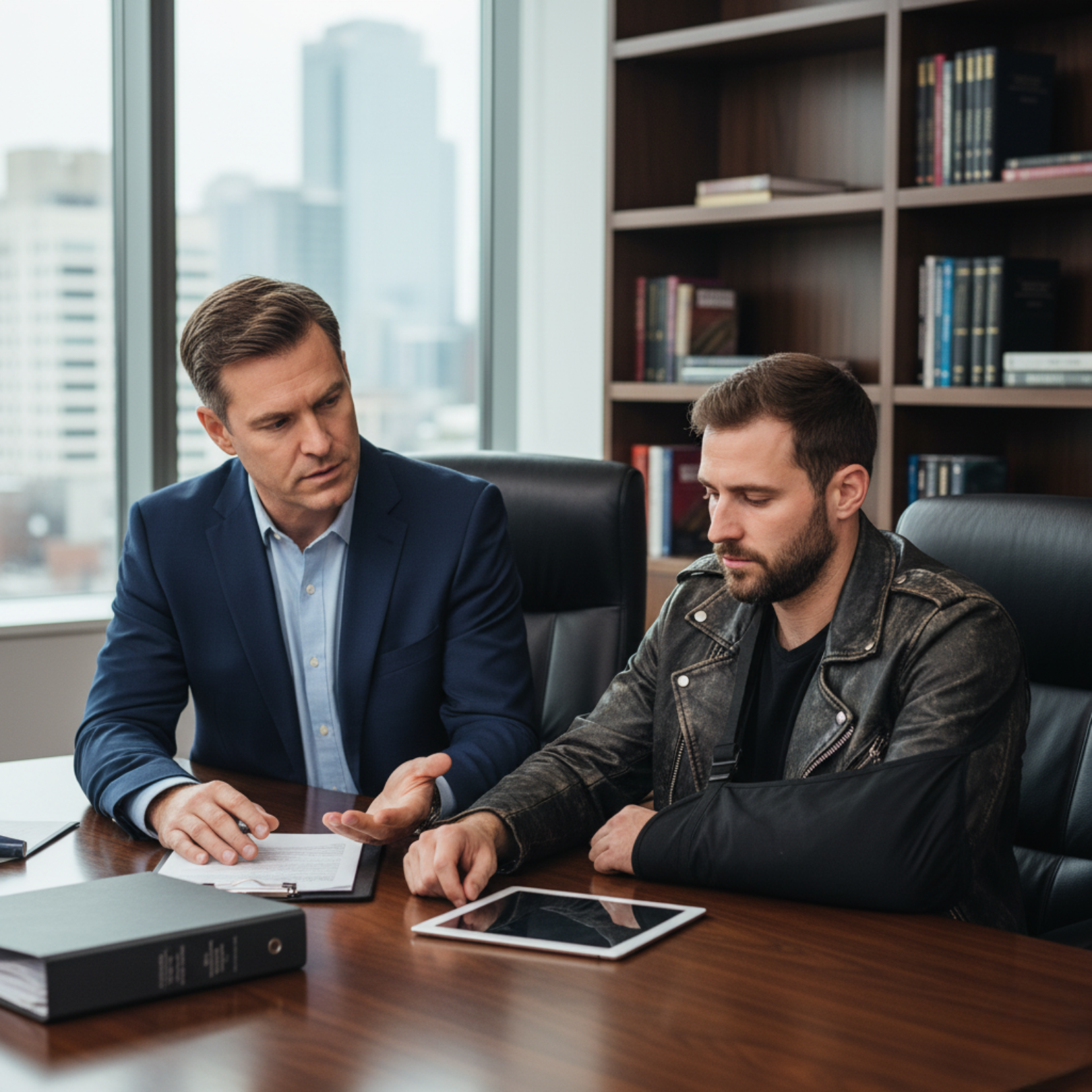 A male attorney consulting with a male client in a motorcycle jacket with his arm in a sling.