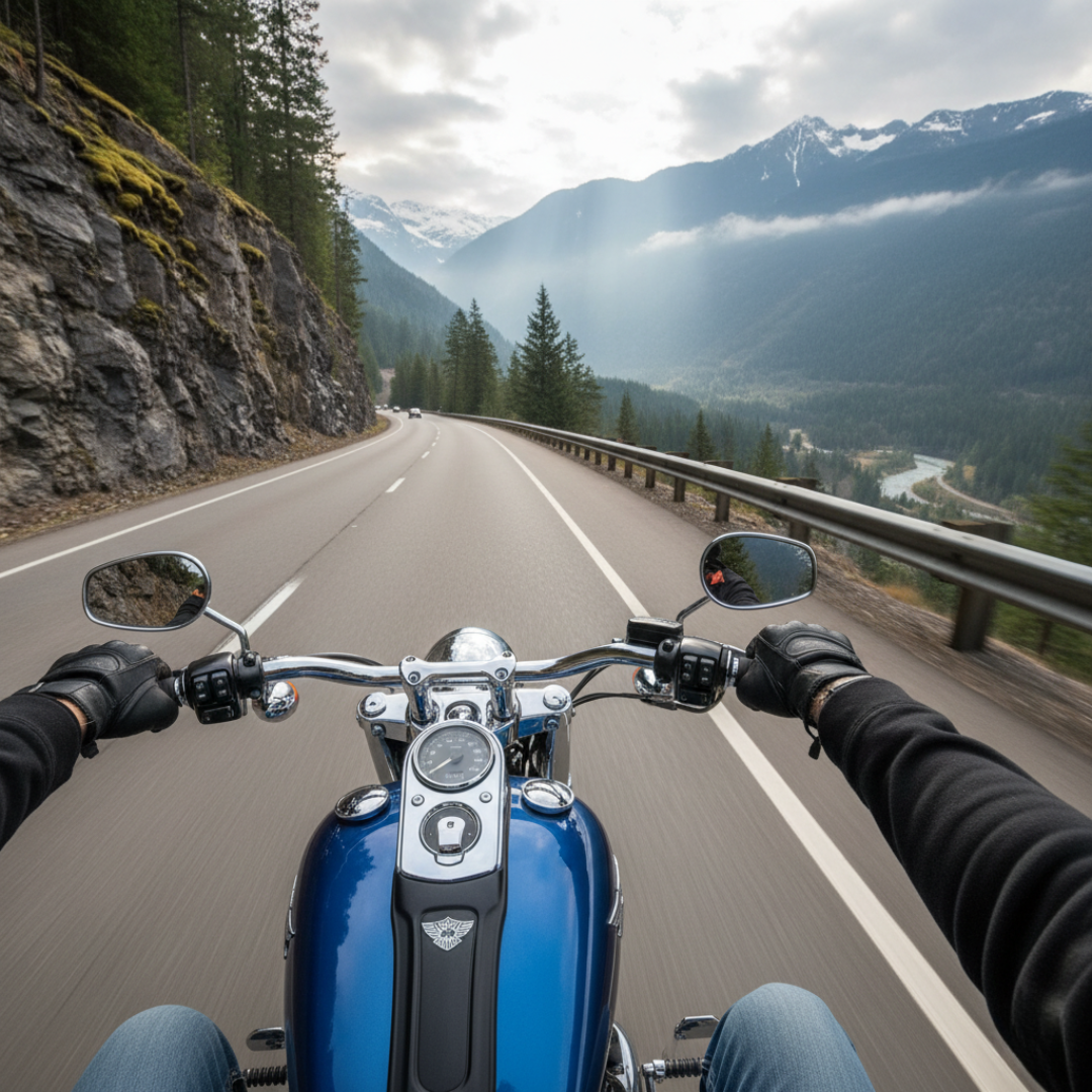 A motorcycle rider riding a blue motorcycle on a mountain highway
