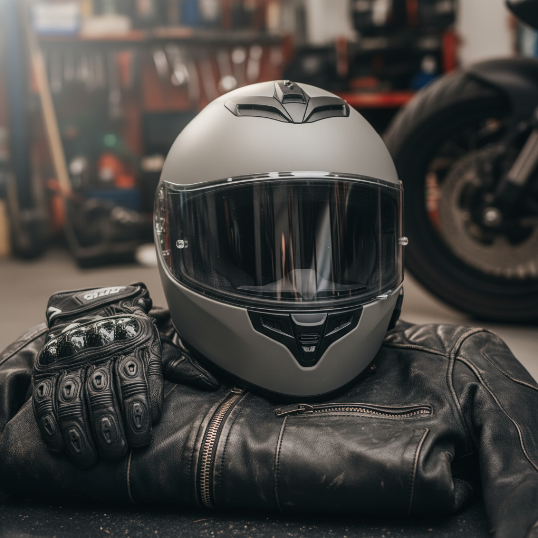 A motorcycle helmet resting on a motorcycle jacket with riding gloves next to it on a motorcycle seat inside a garage