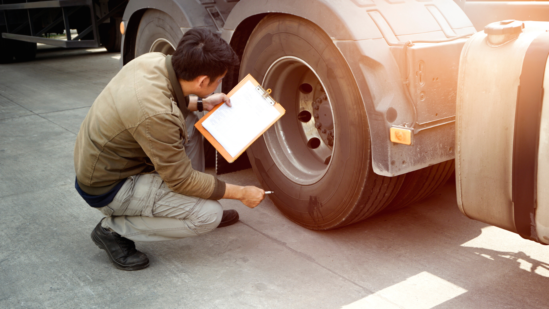 A man inspecting the brakes on a semi-trailer