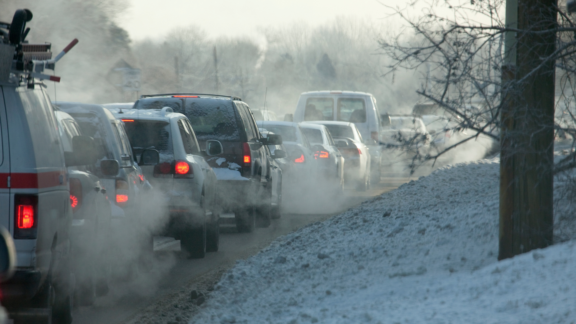 Cars in heavy traffic in snowy conditions in Colorado