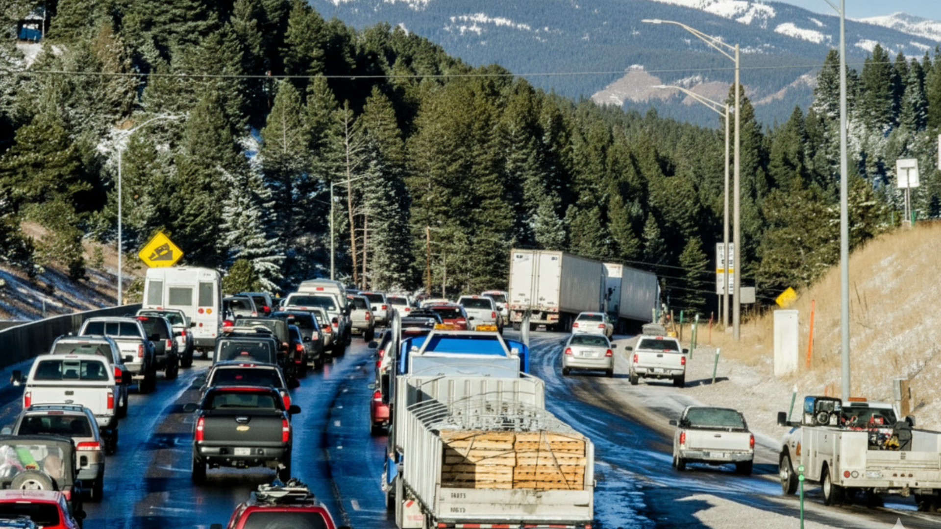 Traffic on a mountain highway with wet roads