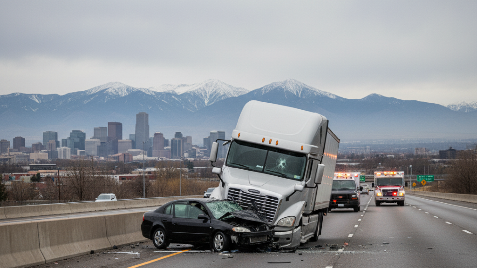 A semi truck that has collided with a car on a freeway outside of Denver Colorado