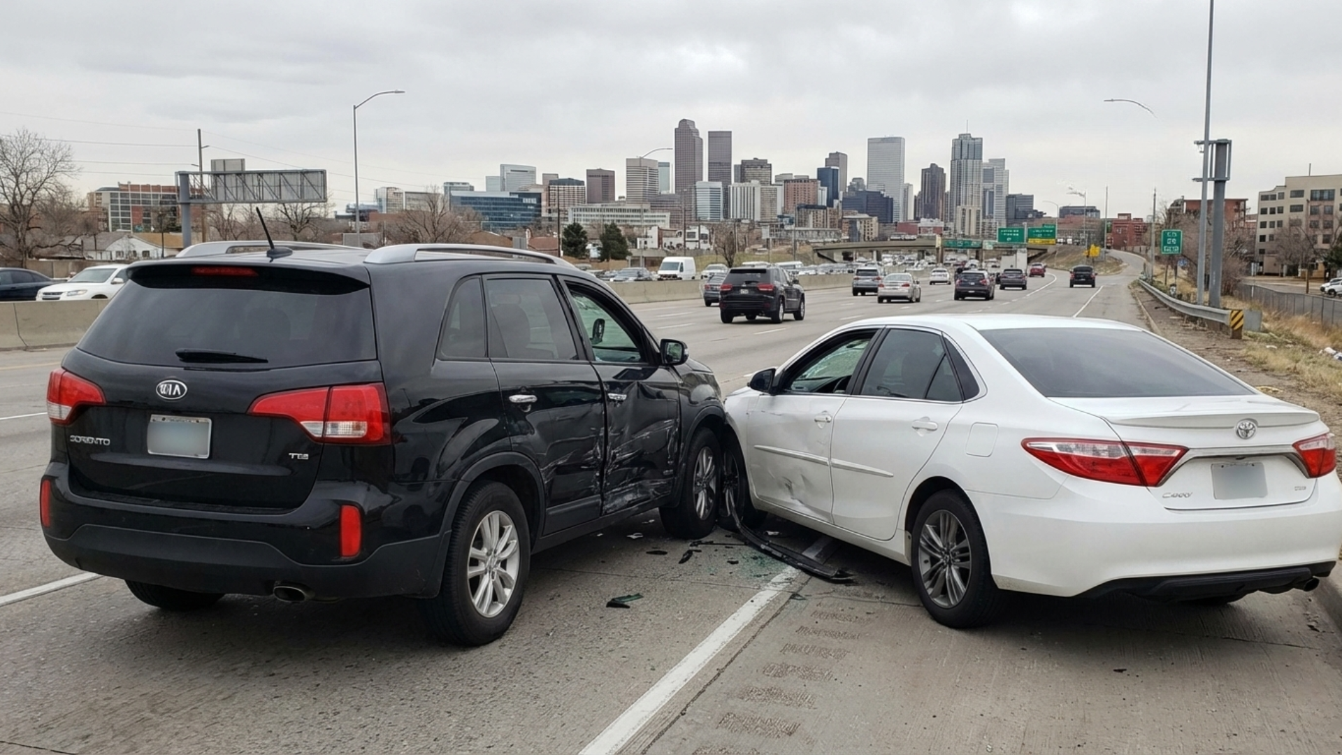 A crash on Interstate 25 near Denver with a black SUV and white sedan