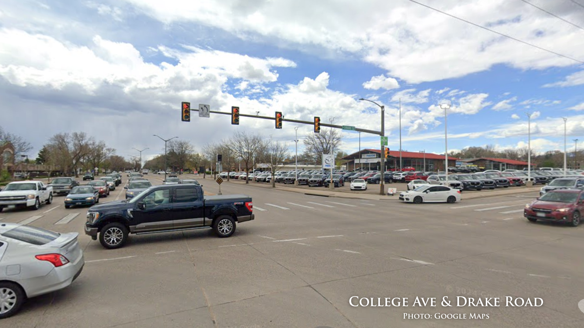 The intersection of College Ave and Drake Road in Fort Collins, Colorado